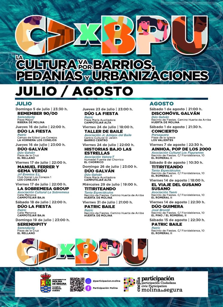 Participación Ciudadana Molina 'En Molina, la Cultura va por Barrios, Pedanías y Urbanizaciones' Programación julio agosto 2026 CARTEL